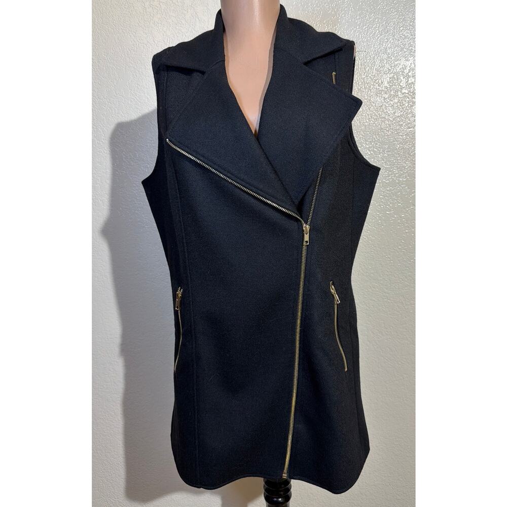 Maakif Women Fitted Long Black Wool Vest Gold Zippers Biker Size 12